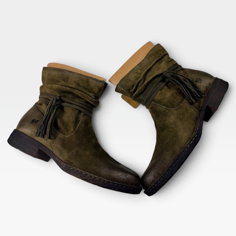 Born Cross Ankle Bootie Women 11 Green Herb Distressed Suede Tassel New - Picture 5 of 14